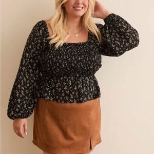 ARULA Black Smocked Blouse with Billowy Sleeves